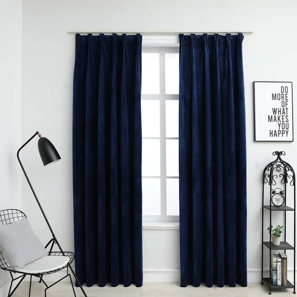 Tende Oscuranti Con Ganci 2 Pz Blu Scuro İn Velluto 140x175 Cm /
