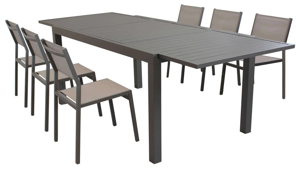 DEXTER - set tavolo in alluminio cm 200/300 x 100 x 74 h con 6 sedie Aulus