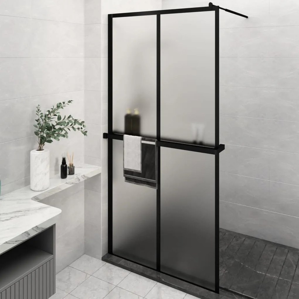 Parete Doccia Con Mensola Nera 118x190 Cm Vetro Esg E Alluminio /