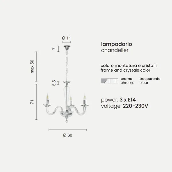 Lampada a sospensione RAVEL 3 luci in vetro lavorato a mano CROMO