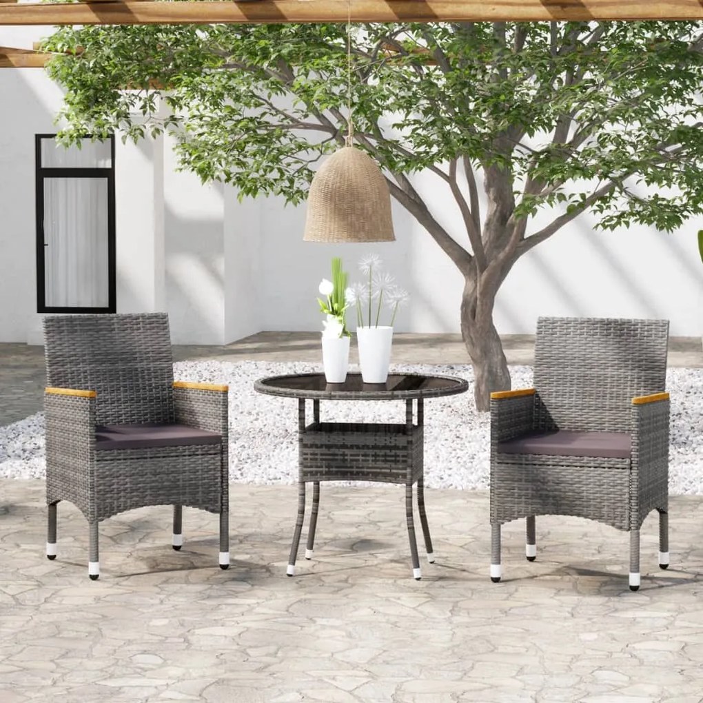 Set da pranzo per giardino 3 pz in polyrattan grigio