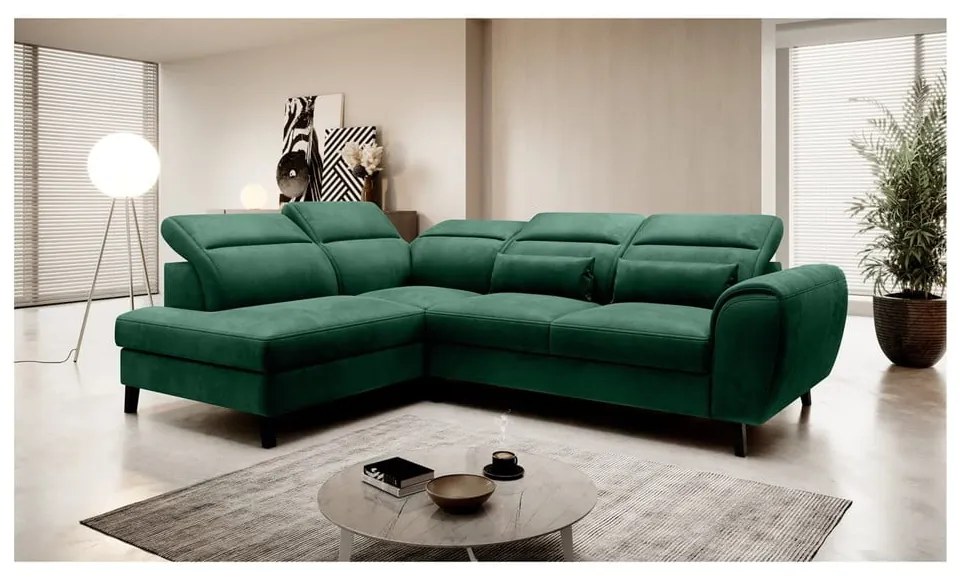 Divano angolare verde allungabile/con contenitore (con penisola a sinistra/a L) e rivestimento in velluto Noble – ELTAP