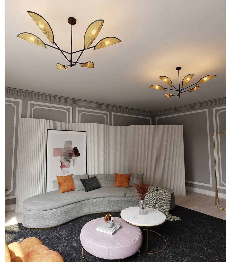 Lampadario 6 Luci Eridano In Acciao Nero E Rattan Con Bracci Mobili
