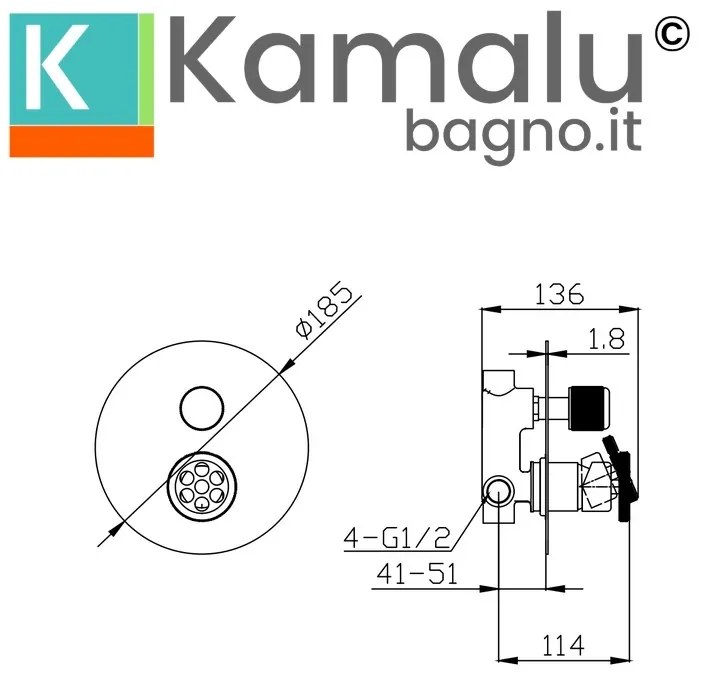 Kamalu - miscelatore doccia incasso monocomando con rotella e deviatore finitura lucida | inner-cromo