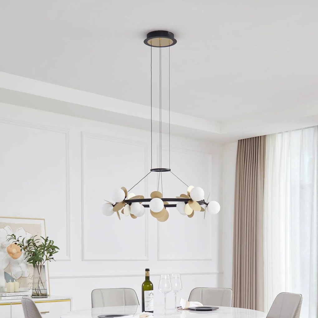 Lucande Lampada a sospensione Pallo, 12 luci, nero/oro, vetro Pallo Lucande, dimmerabile, Nero, Soggiorno / Sala da pranzo, Metallo, Moderno