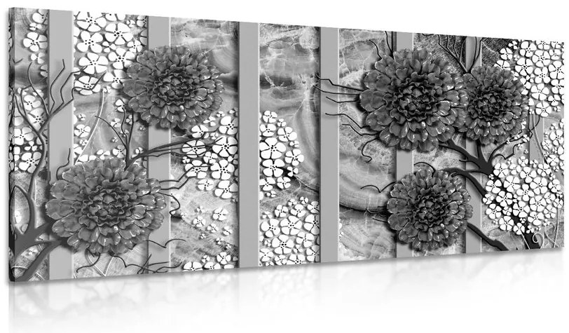 Quadro su tela – Fiori astratti su sfondo di marmo in bianco e nero