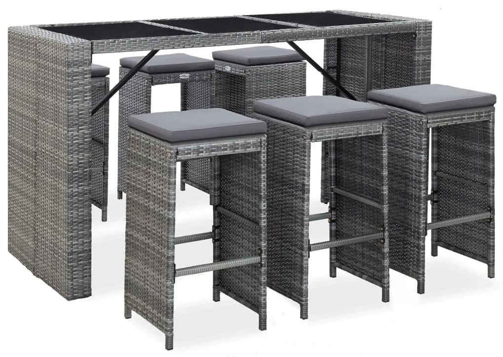 Set da bar da giardino 7 pz con cuscini in polyrattan grigio