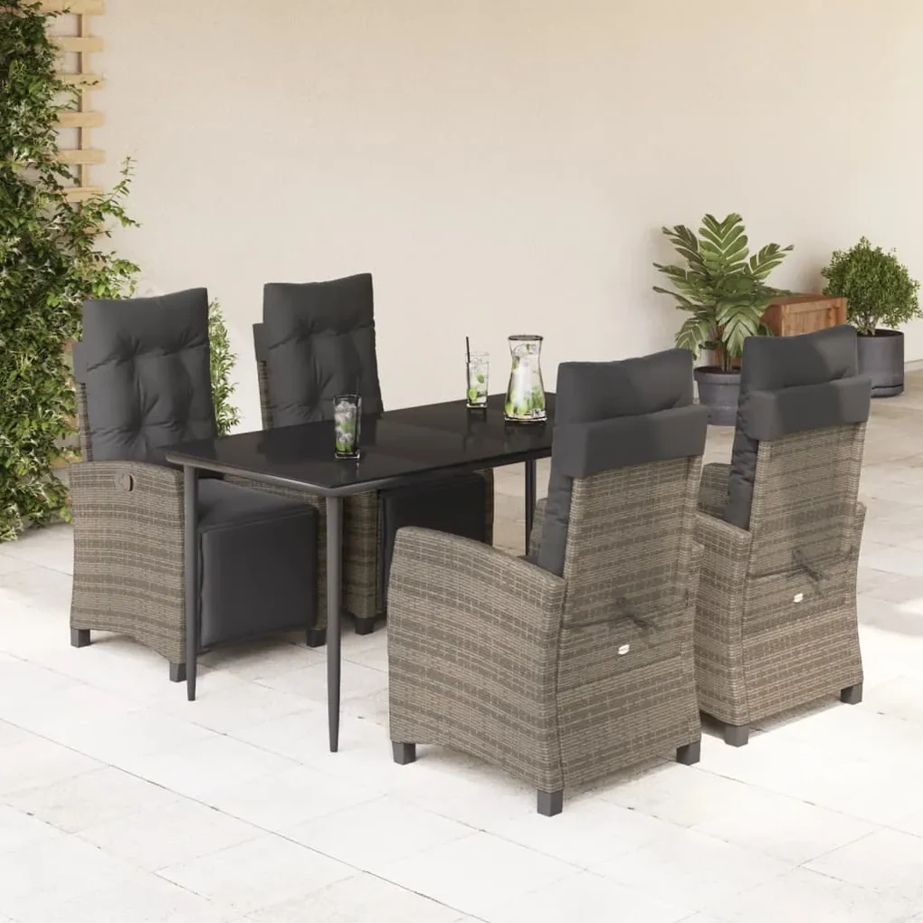 Set da pranzo da giardino 5 pz con cuscini in polyrattan grigio