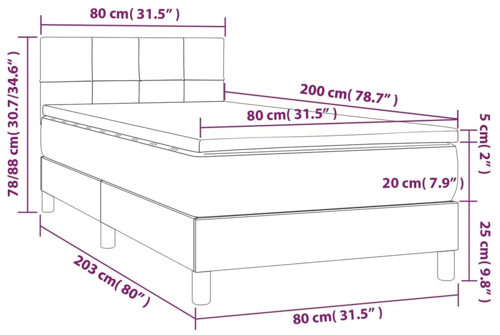 Letto a Molle Materasso e LED Marrone Scuro 80x200cm in Tessuto