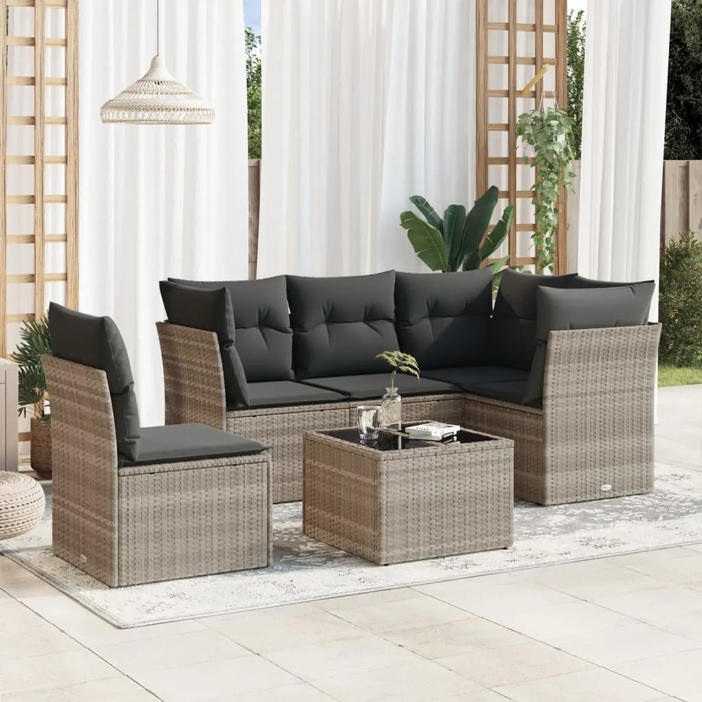 Set divano da giardino 6pz con cuscini grigio chiaro polyrattan