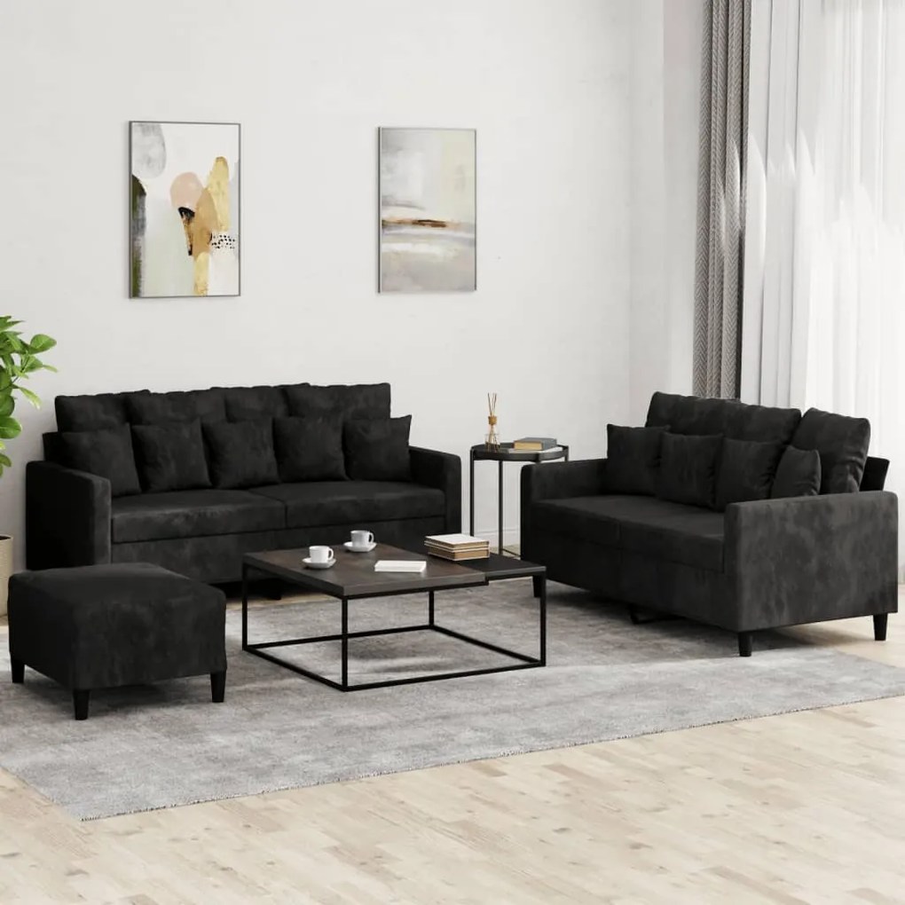 Set Di Divani 3 Pz Con Cuscini Nero İn Velluto /