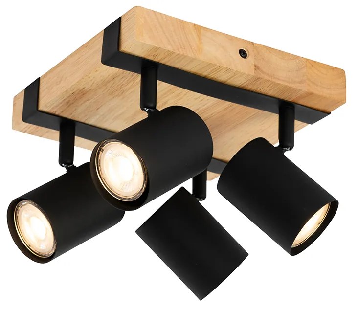 Plafoniera nera con legno 4 luci regolabili rettangolare - Jeana