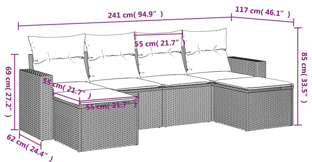 Set divano da giardino 6 pz con cuscini nero in polyrattan