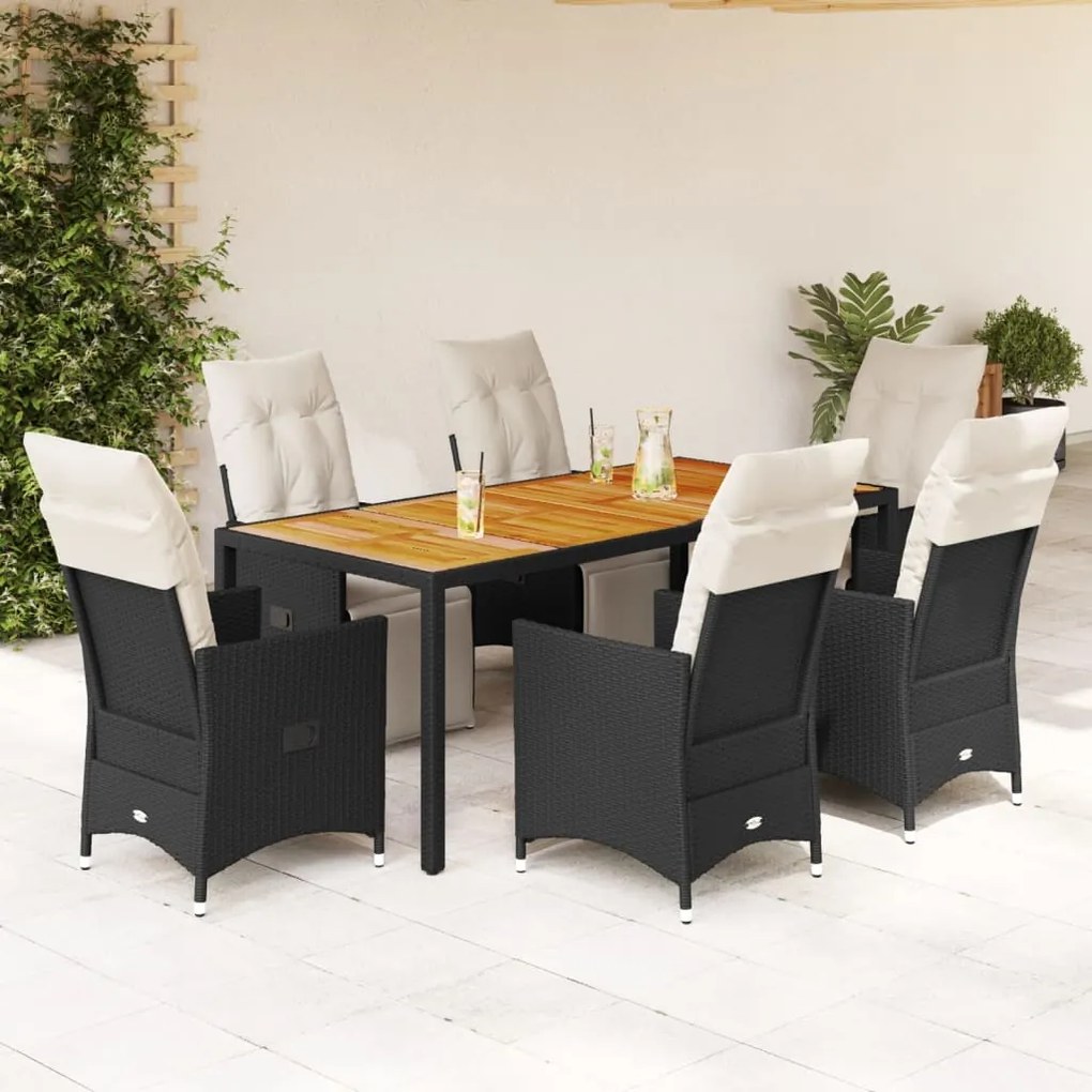 Set da pranzo da giardino 7 pz nero con cuscini in polyrattan