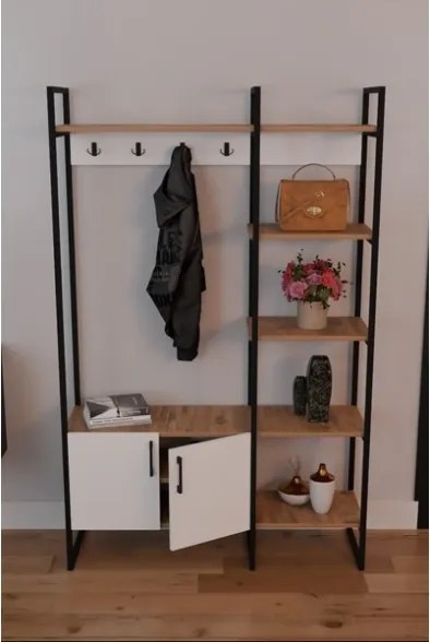 Mobile Ingresso Industrial 120x34x180 Con Scarpiera Appendiabiti E Ripiani Yago Bianco E Rovere