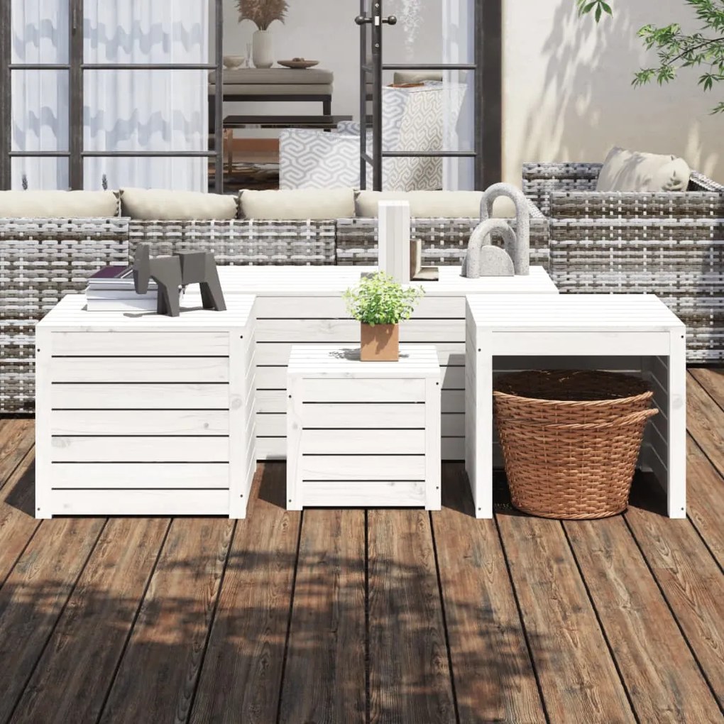 Set Cassette Da Giardino 4 Pz Bianco İn Legno Massello Di Pino /