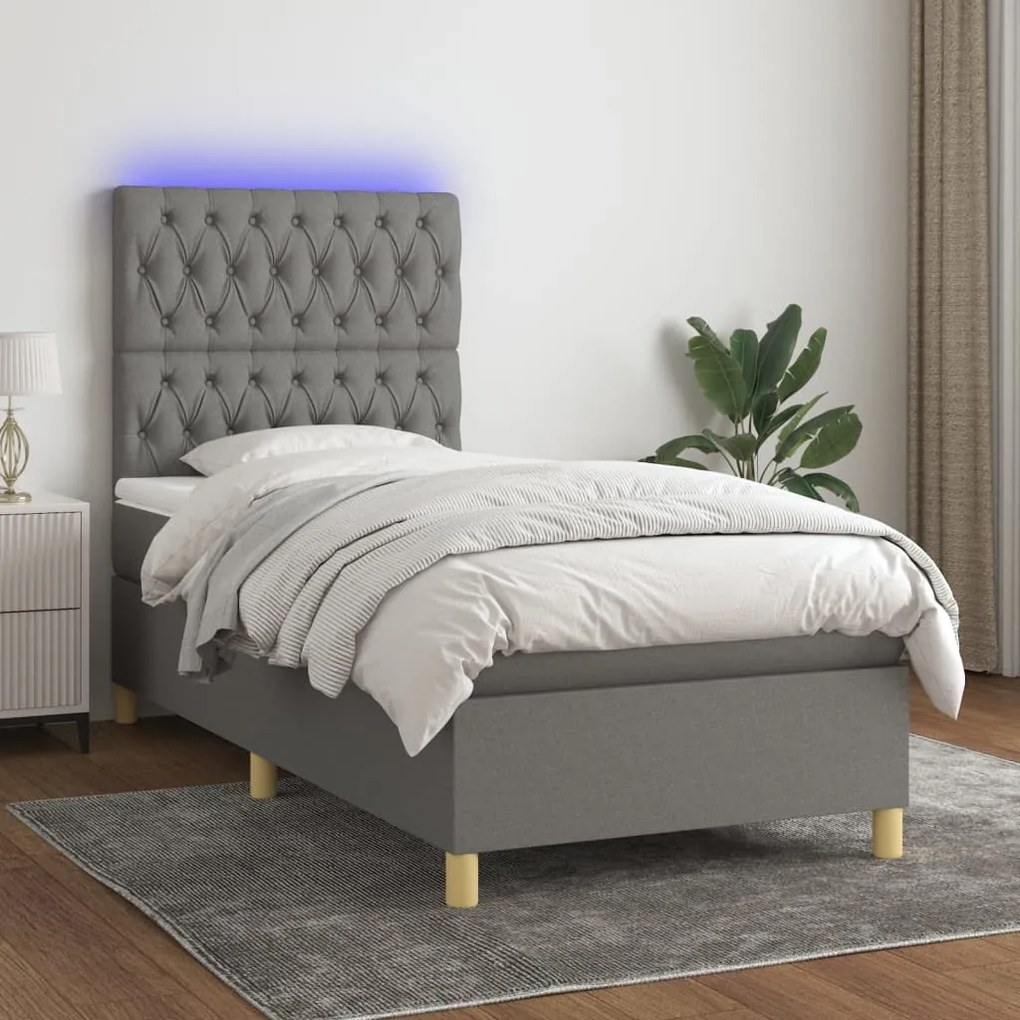 Letto a molle materasso e led grigio scuro 100x200cm in tessuto