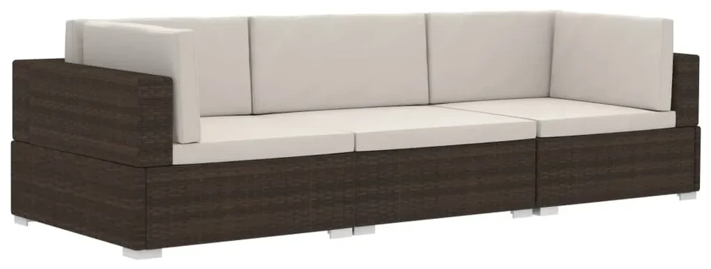 Set divani da giardino 3 pz con cuscini in polyrattan marrone