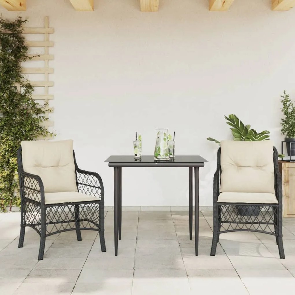 Set da bistrò 3 pz con cuscini nero in polyrattan