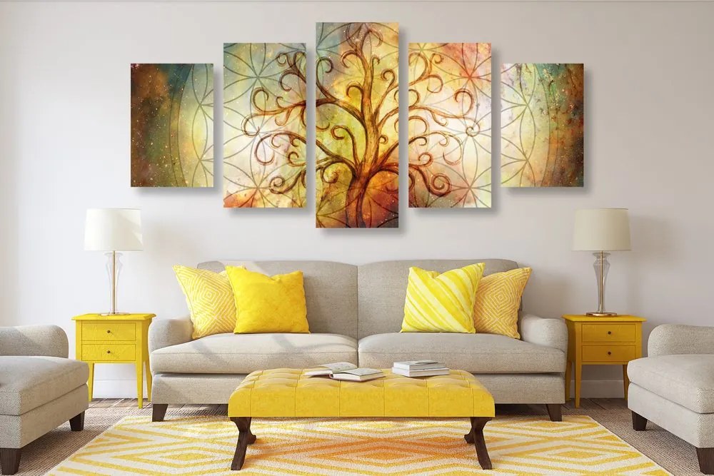 Quadri 5 pezzi – Albero con fiore della vita
