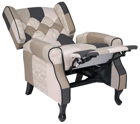 Poltrona relax tessuto patchwork BERGERE Reclinabile poggiapiedi Tortora