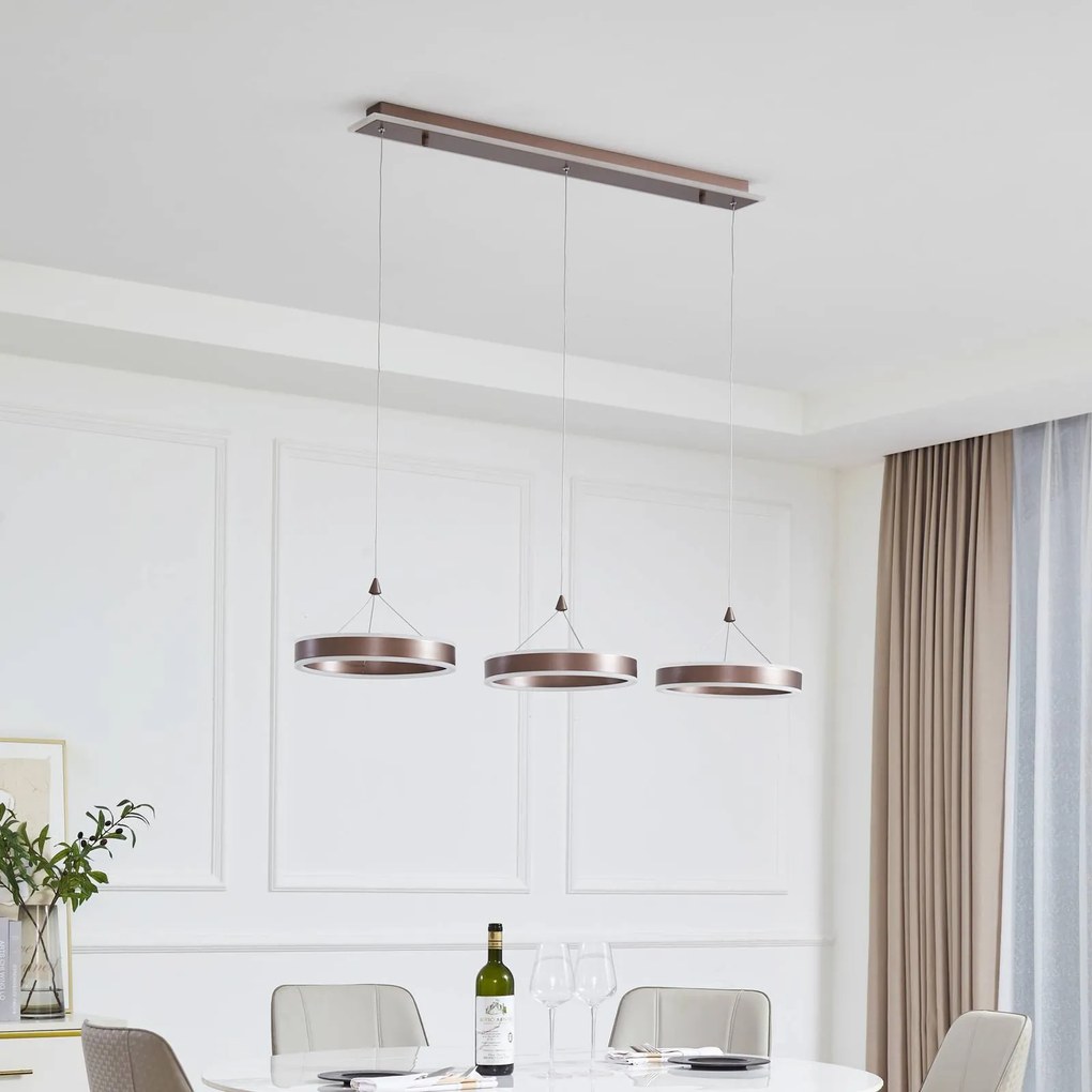 Lucande Lampada LED a sospensione Kolo, 114 cm, a 3 luci, marrone, dimmerabile