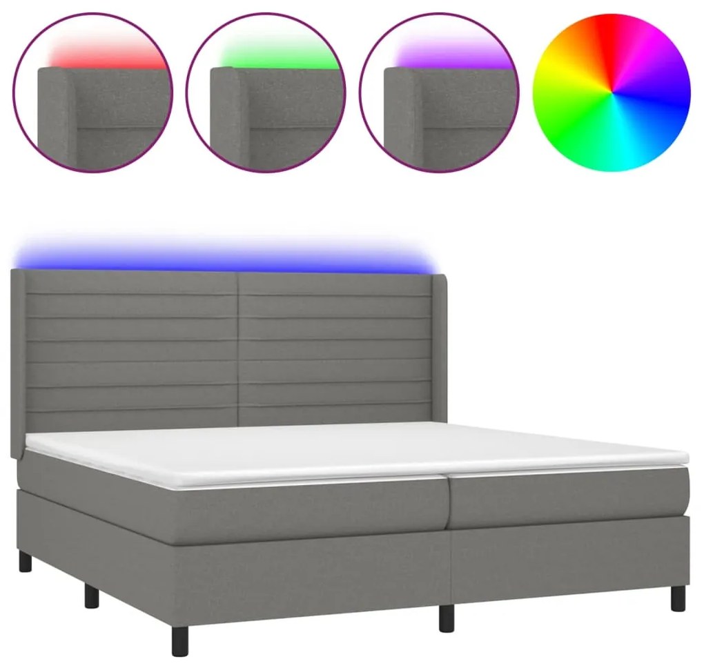Letto a molle materasso e led grigio scuro 200x200cm in tessuto