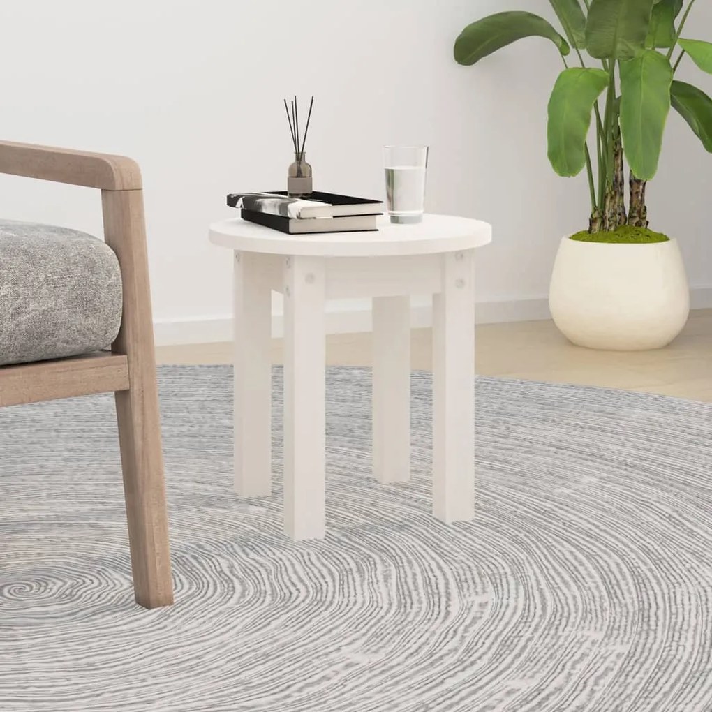 Tavolino Da Salotto Bianco Ø 35x35 Cm İn Legno Massello Di Pino /
