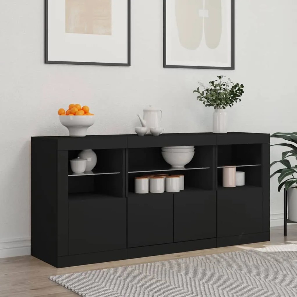 Credenza con luci led nera 142,5x37x67 cm