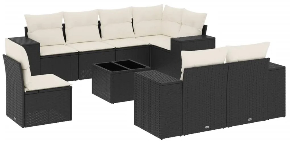 Set divani da giardino 9 pz con cuscini nero in polyrattan