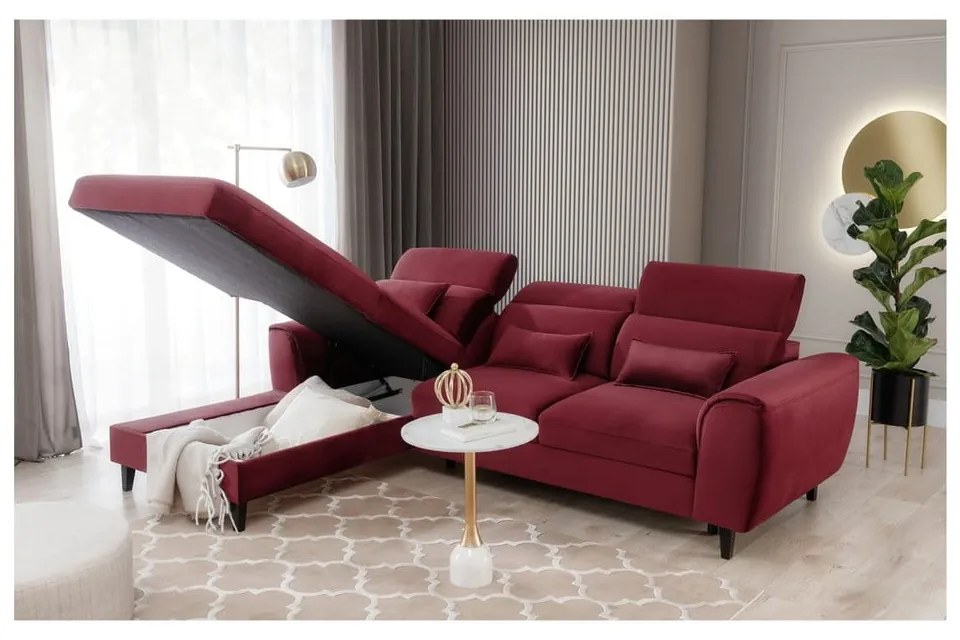 Divano angolare rosso allungabile/con contenitore (con penisola a sinistra/con chaise lounge) e rivestimento in velluto Foble – ELTAP