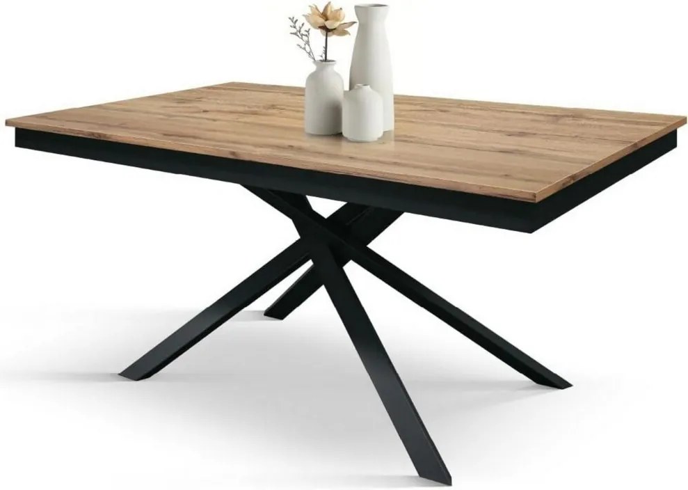 Tavolo VOLPAIA in legno, finitura rovere rustico e base in metallo verniciato antracite, allungabile 140×80 cm – 190×80 cm