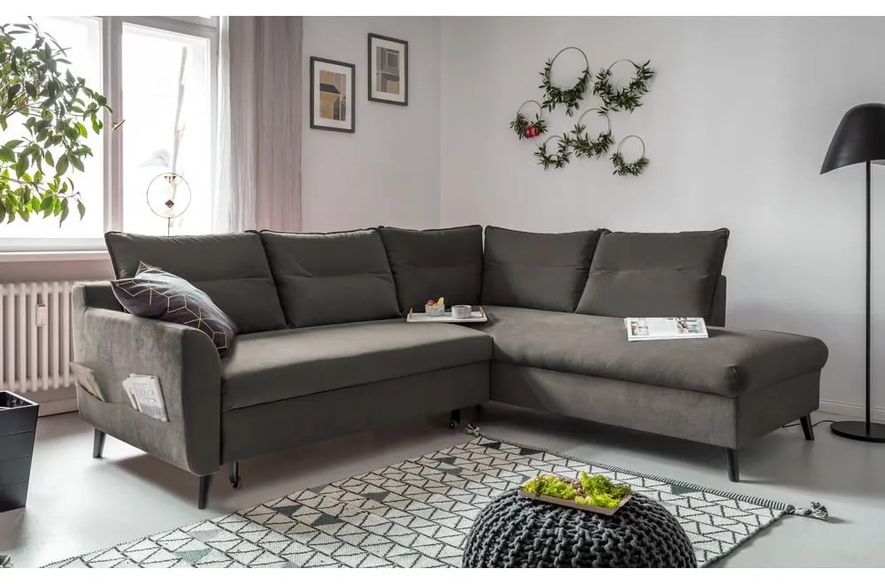 Divano letto angolare in velluto grigio scuro L, angolo destro Stylish Stan - Miuform