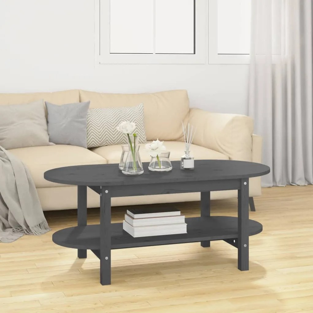 Tavolino Da Salotto Grigio 110x55x45 Cm Legno Massello Di Pino /