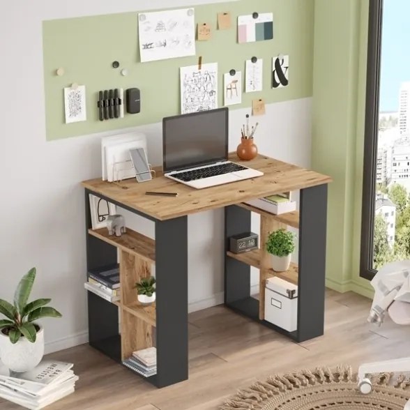Scrivania Libreria Con Ripiani Laterali 90x60x74H Rovere E Antracite Bremen