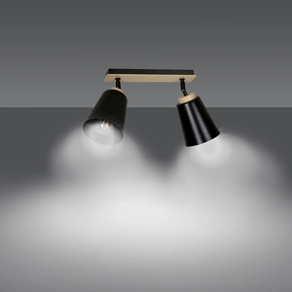 Plafoniera Faretti Spot Orientabili 2 Luci Xiwangmu Acciaio Nero E Legno Naturale