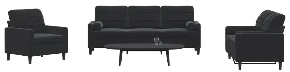 Set Di Divani 3 Pz Con Cuscini E Rinforzi Nero İn Velluto /