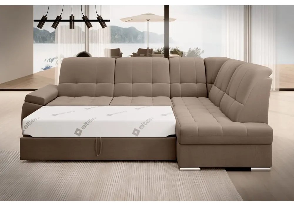 Divano angolare marrone allungabile/con contenitore (con penisola a destra/a L) e rivestimento in velluto Sado – ELTAP