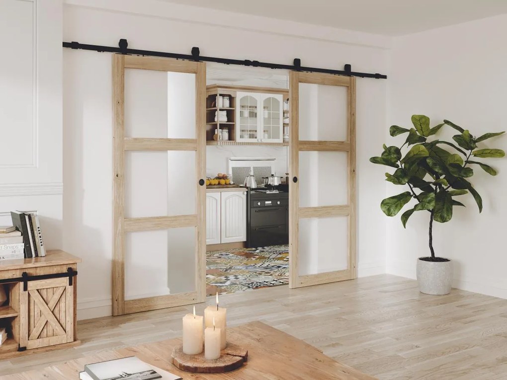 Porta scorrevole doppia esterno muro e 3 finestre 2xH205xL73cm MDF Naturale Vetro temper. smerig. - ACOSTA II
