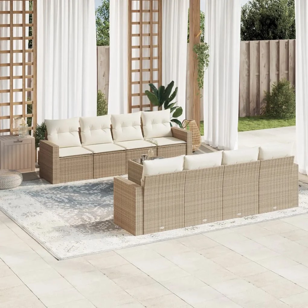 Set divano da giardino 9 pz con cuscini beige in polyrattan