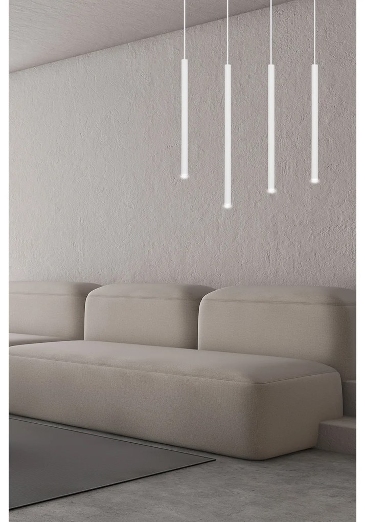 Lampadario 4 Luci Moderno Shu Acciaio Bianco E Paralumi A Cilindri Sottili