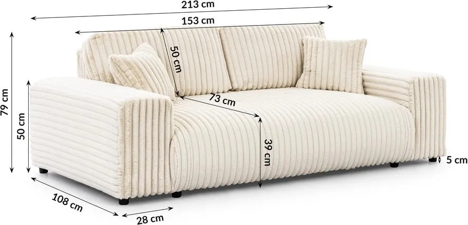 Divano color crema con rivestimento in velluto a coste 213 cm Justin – Ropez