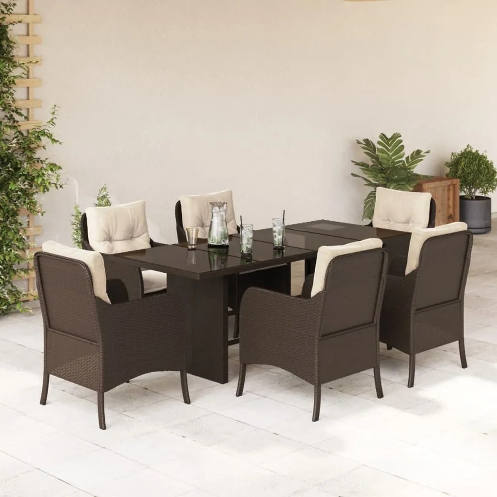 Set da pranzo da giardino 7pz con cuscini in polyrattan marrone