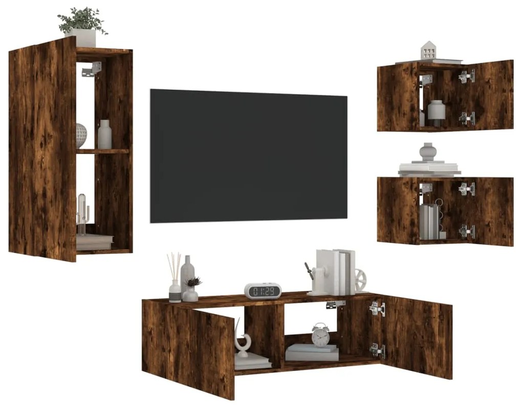 Mobili Tv A Muro 4pz Con Luci Led Rovere Fumo /
