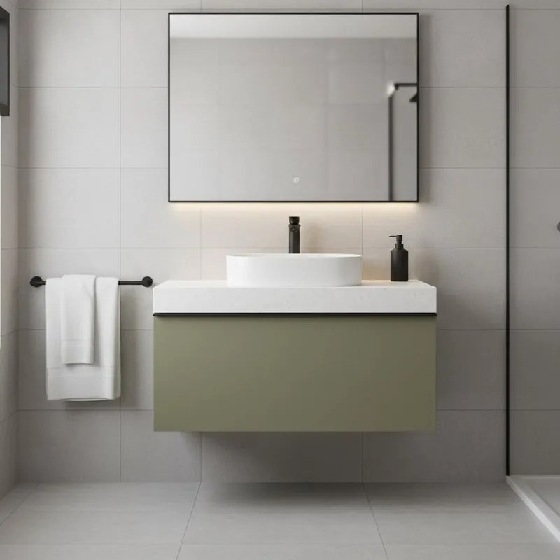Mobile da bagno sospeso sotto lavabo Pixel plain 1 cassetto L 60 x H 40 x P 45.5 cm verde salvia laccato opaco, con maniglia alluminio nero opaco