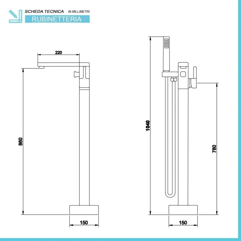 Miscelatore vasca freestanding a pavimento nero opaco quadrato