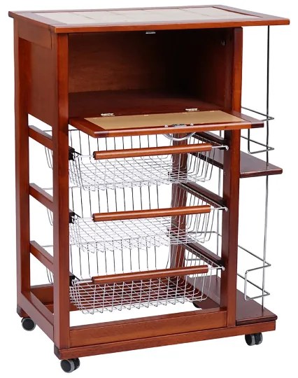 Carrello portapane con portabottiglie e cesti portafrutta Ciliegio