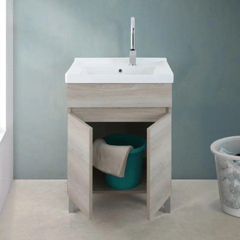 Mobile lavatoio 60x46,8 cm rovere grigio con vasca in ceramica bianca