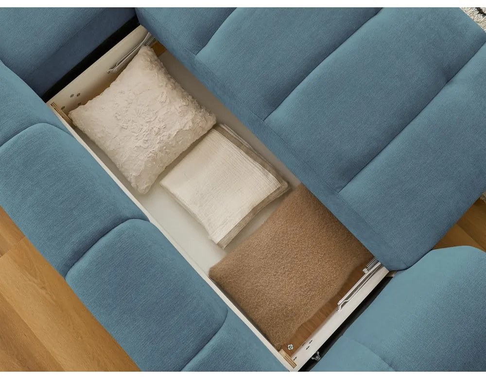 Divano angolare blu allungabile e con contenitore (penisola a destra/chaise lounge) con rivestimento in ciniglia Fuji – Bobochic Paris