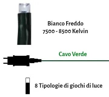 Catenaria Natalizia LED 8m con 8 GIOCHI DI LUCE, IP44 Cavo VERDE Colore Bianco Freddo 7500 - 8500 °K
